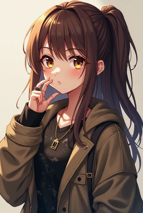 age anime girl with brown eyes and hair thats half lose and half up with a side tail and wears grunge clothes