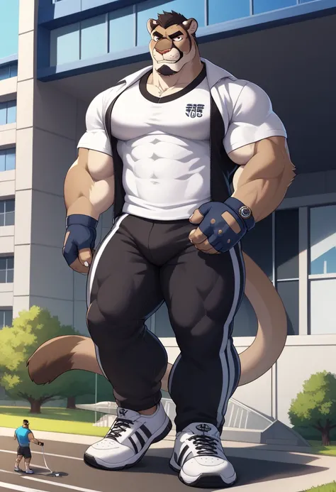 Scribble cougar face,furry(cougar), muscular, big strong muscle,( black eyebrows :1.1),(perfect eyes), fur，alone,（artist:takemoto arashi),（jock:1.3）， standing, Sneakers，（ Black beard :1.3），（Civil :1.3, fingerless gloves, jock sport shirt, trainer pants) co...