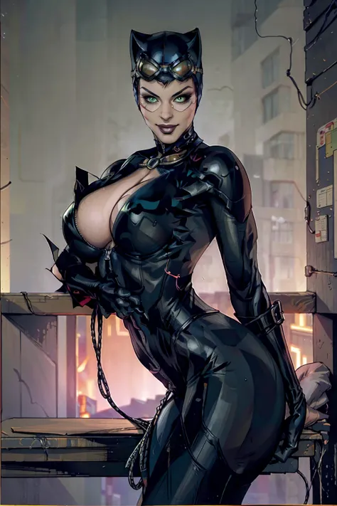 (masterpiece, best quality:1.2),  catwoman, 1girl, solo, breasts, looking at viewer, smile,  (cat ears, goggles, goggles on head), big breasts, navel, partially open zipper, black bodysuit, night, cleavage, unzipped, , green eyes, blurry background, breast...