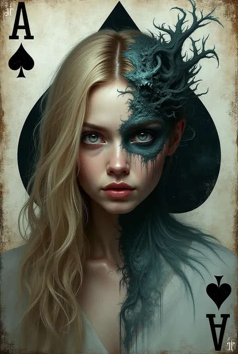 Create me an image with a card of spade background with a blond woman in the middle who is put angel put demon with marine eyes and brown hairline 