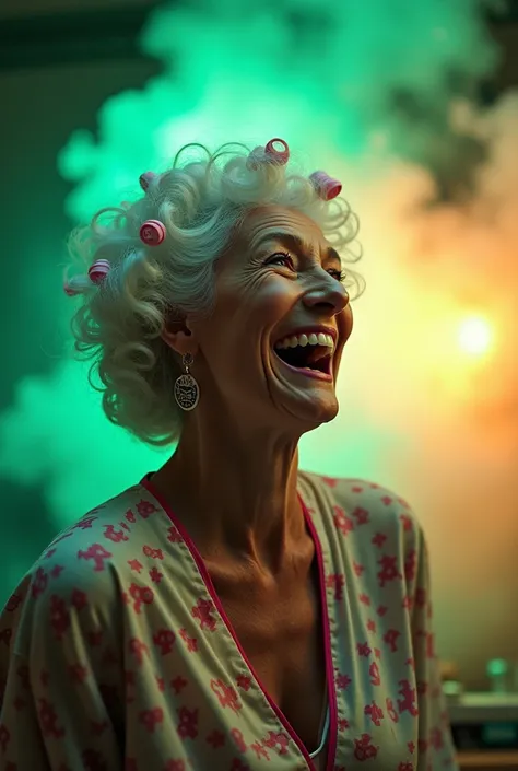 white-haired woman, pink curlers on curled hair up 68 years, robe with small prints, earrings with the acid logo, Open mouth in laughter.
Explosion background in a chemistry laboratory.
Green luminescent lights, yellow, blues, Between an explosion of cryst...