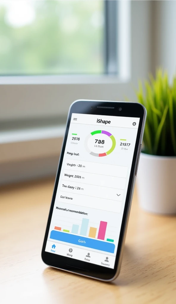 A close-up of a sleek smartphone displaying the iShape app interface. The screen shows a clean design with fields for inputting personal details like age, weight, and goals. As the user fills in the details, colorful graphs and personalized recommendations...