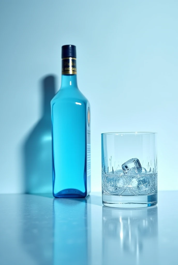 Draw a bombay sapphire gin bottle with a gin glass with ice cubes in it