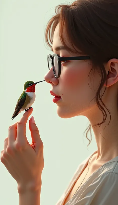 Side view Bust only of a brown haired female wearing glasses with a red throated hummingbird sitting on her finger in front of her face