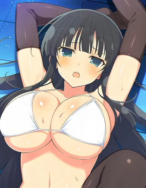 masterpiece, best quality, anime art style, Official Art, perfect eyes, detailed eyes, perfect face, perfect hair, detailed hair, shiny hair, beautiful character design, 1 girl, alone, Ikaruga (Senran Kagura), black hair, hime cut, blue eyes, breast, large...