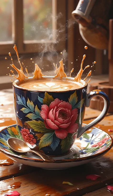 Create watercolour splash art style. A "close-up" of a hot cup of coffee. Ceramic cup with a beautiful and unique flower carving. Very detailed flower carving with interesting colors. Looks classic and luxurious. Great "close-up". High resolution. Dynamic ...