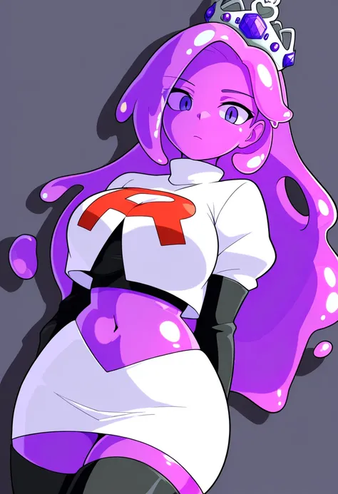 masterpiece, best quality, 1girl, solo, looking at viewer, queenslime, long hair, crown, colored skin, slime girl, large breasts, curvy, purple hair, team rocket,team rocket uniform,white skirt,red letter R,crop top,black thigh-highs,black elbow gloves, co...