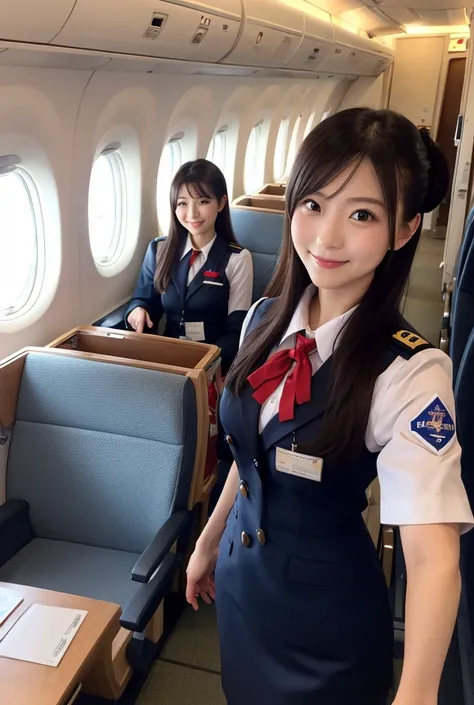 1 personの日本人の女の子、 flight attendants、Warm room lighting、 selfie、1 person、Cute uniform、