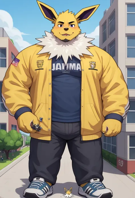 Scribble jolteon face,furry(jolteon), Athletic, strong muscle,( black eyebrows :1.1),(perfect eyes), fur，alone,（artist:takemoto arashi),（jock:1.3）， standing, Sneakers，（ Black beard :1.3），（Civil :1.3, College jacket, blue t-shirt, pants) jolteon (Massiv:3.0...