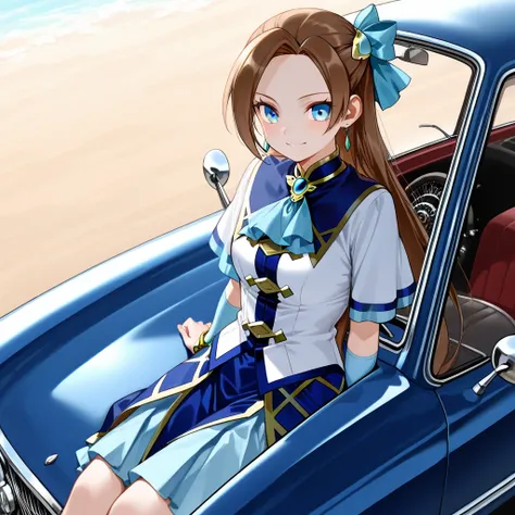 genera a katarina claes (Blue clothes and brown hair ) Who is driving a classic car next to the sea. You have to be happy and cheerful