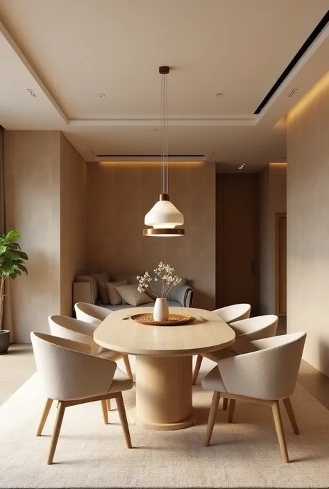  living room y comedor:  desert-inspired concept in classic modern style General design features :  The space will radiate a calm atmosphere , warm and minimalist ,  using neutral tones such as beige , whitish,  light brown and sand tones .  The materials ...