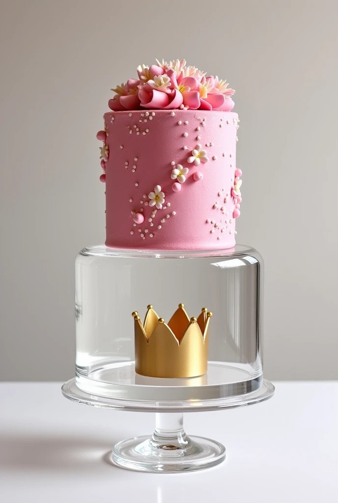 Two-story cake, the first floor made of acrylic with a crown inside and the second floor made of pink cake