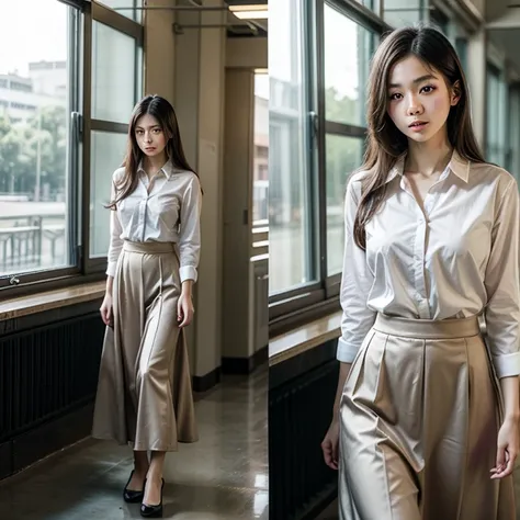 hyper realistic photomontage:  Young Japanese woman , king,  light brown eyes, teacher,  walking around school, full body art, hiper realistic, teacher,  dress shirt, long skirt,  long straight hair  