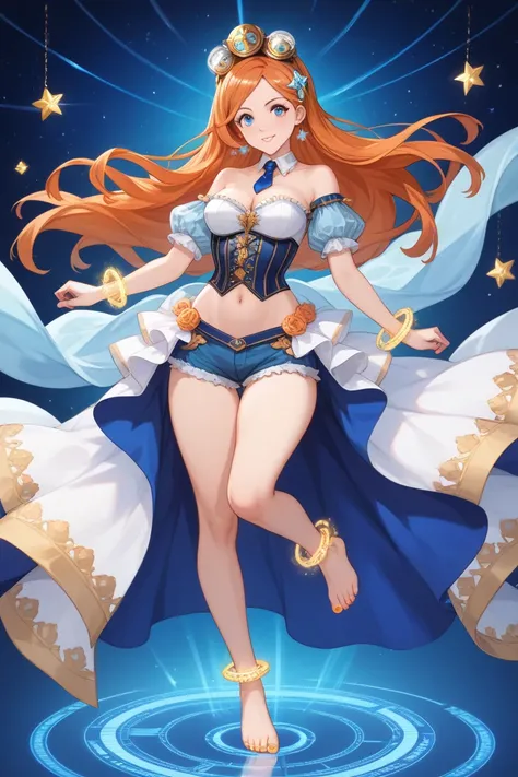 Time Traveler Orihime Inoue Outfit Description:

Orihime Inoue's time traveler outfit showcases a blend of futuristic and historical styles, highlighting her vibrant orange hair, bare feet, and navel:

Top: She wears a cropped Victorian-style corset with i...