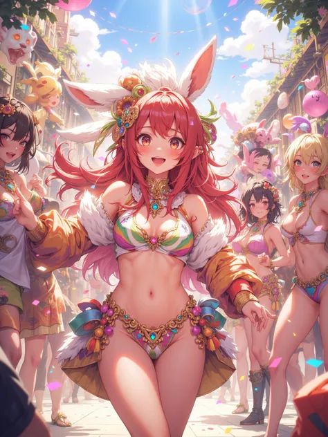 hentai anime , furry rabbit girl , Sling Bikini like samba costume , dance scene , sunny day , Confetti , Halsination , psychedelic
(Hit Bongo , Resonate Samba) ,
Dance the southern carnabal ,
Everyone is excited and she is making a fuss , 
(Glowing sweat ...