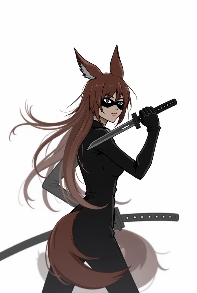  Girl dressed in black wearing a black eye mask , long brown hair, brown fox ears and brown fox tail . Showing off her skills with a sword . with white background.