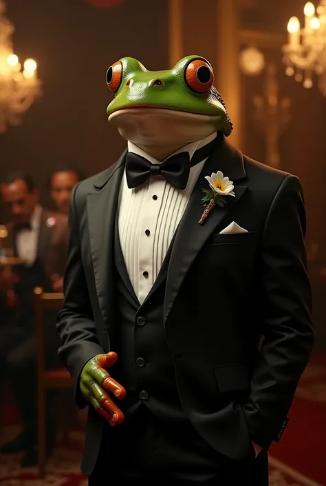 Realistic photo frog wearing frack costume at a party elegant slim and handsome body ultra detailed full body award photo