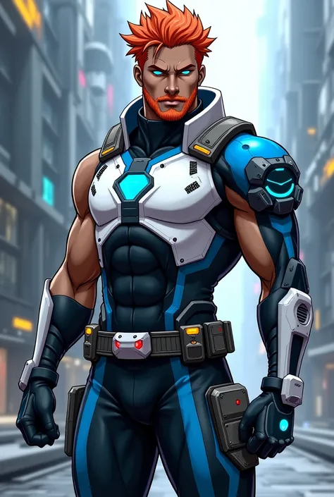 man, heroi, muscular, light red hair , medium hair,  dark skin , light blue eyes,  uniform white black and sky blue, realistic, cyberpunk, short beard,  utility belt , tactical armor  ,Voltron Legendary Defender  armor,  Voltron Legendary Defender  body su...