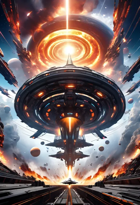  An epic intergalactic space war,  hyperrealistic,  highly detailed ,  cinematographic composition , Dramatic lighting,  brilliant futuristic spaceship ,  advanced alien technology ,  massive planetary bodies ,  swirling cosmic energy ,  heroic astronauts ...