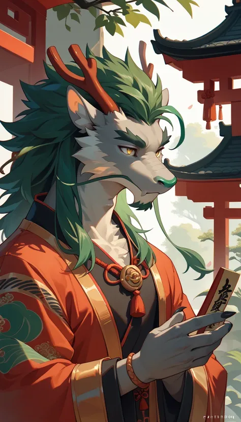 Eastern Dragon, Chinese traditionally robe, Chinese temple, bright green hair, gray body, gold eyes