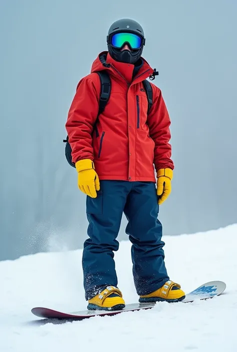 Make me a snowboarder who is standing upright. I want him to wear blue open boots. Yellow step on burton bindings. White snowboard. Dark blue pants. Red jacket with no other color. Yellow mitten gloves. Grey matte helmet. Black oakley mask with blue green ...