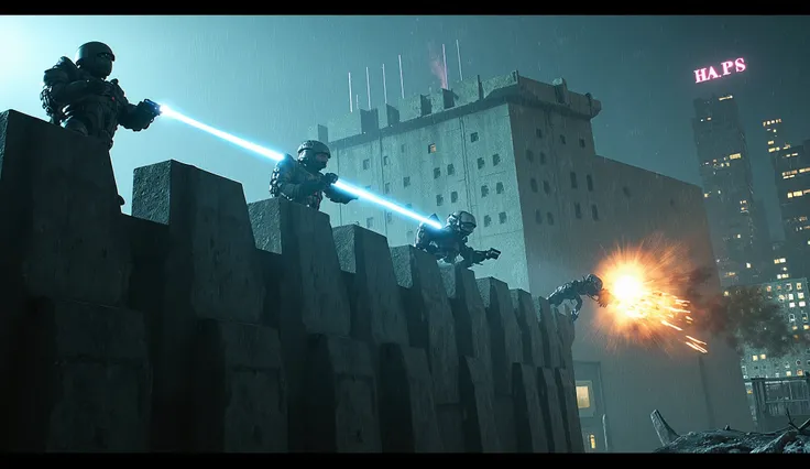 A close-up captures multiple **Robo-Cop guards** crouched behind mounted **turrets** on the brutalist **H.A.P.S. prison walls.** Blue laser beams streak upward from the turrets, illuminating the wet, rain-soaked battlefield below.  

Suddenly, a **missile ...