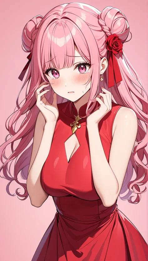  top quality　  Masterpiece  　 high definition 　  Masterpiece  　 pink long hair, curly hair,　　  pink Eyes 　, twin bun bun hair, straight bangs, huge breast,  blushing, plain backround, no backround, white backround, make up, gold red sexy dress, red dress o...