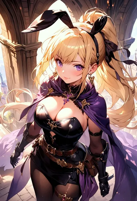 (masterpiece),(best quality),(ultra-detailed),(best illustration),(best shadow),(detailed background), 1girl, breasts, pantyhose, purple-eyes, cleavage, solo, belt, gauntlets, cape, jewelry, ponytail, large-breasts, blonde-hair, standing, long-hair, earrin...