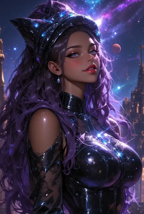 Smooth Quality, beautiful and intricate hair, protruding lips, lipstick, eyeliner, 1girl, cosmic dress, otherwordly dress, comic eyes, cosmic hair, glowing, closed mouth, aurora, constellation, galaxy, light particles, long hair, looking at viewer, planet,...