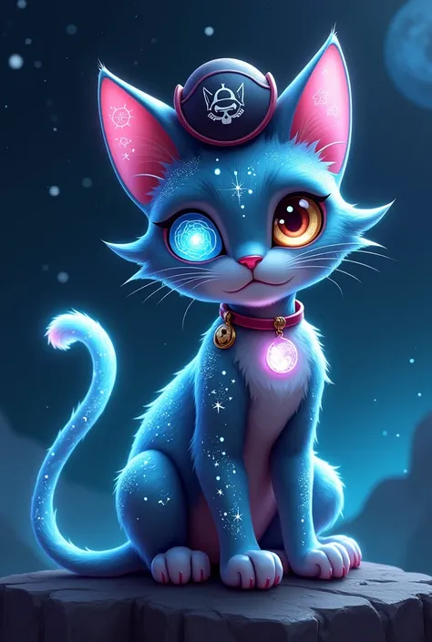 Design a sleek, futuristic alien pirate cat as a mascot. The cat should have a metallic, shimmering body with glowing bioluminescent alien glyphs etched across its fur, resembling constellations. It wears a holographic pirate hat and an eye patch with a gl...