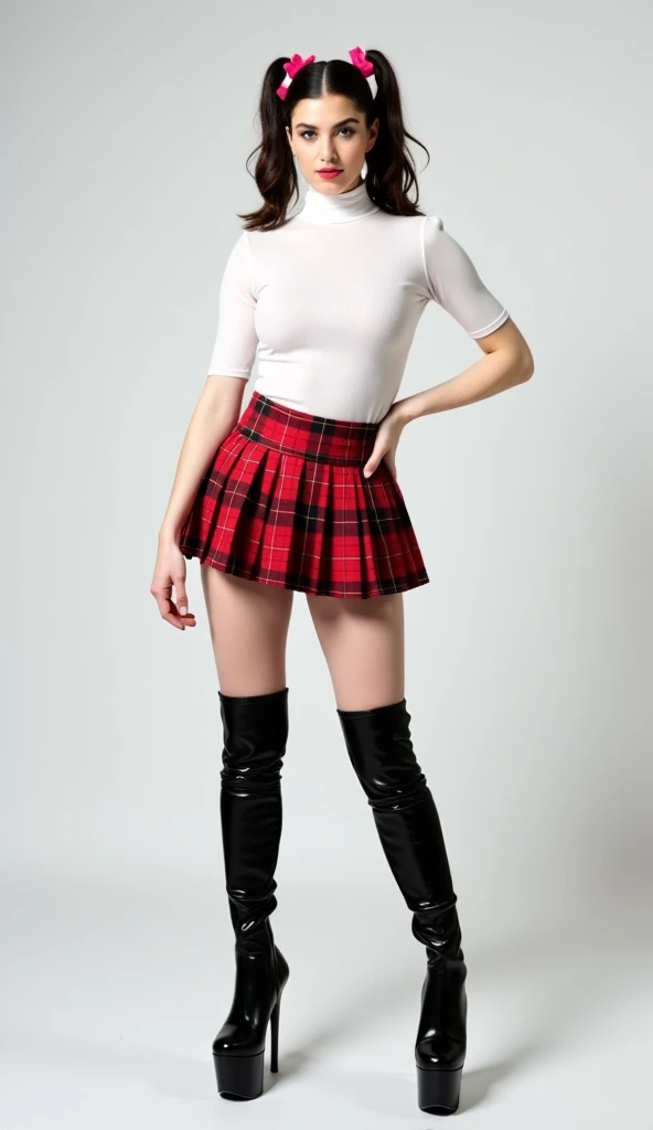 Young white brunette standing in the studio. she's wearing a light, tight white turtleneck and a too-short red plaid accordion miniskirt. she has two short ponytails on top of her head, black over-the-knee latex boots with stiletto heels and high soles, an...