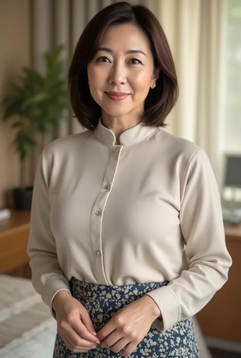   mature women、   Japanese  、48 years old (Mature Beauty: 1.5)、 kind,  Enchanting Smiles  、(  nasolabial fold  :1.4)、   Natural Aging   、Warm Eyes 、( close up shot of upper body:1.3)、   Soft  , Natural wrinkles 、   clean skin (1.4)、    sharp concentration ...