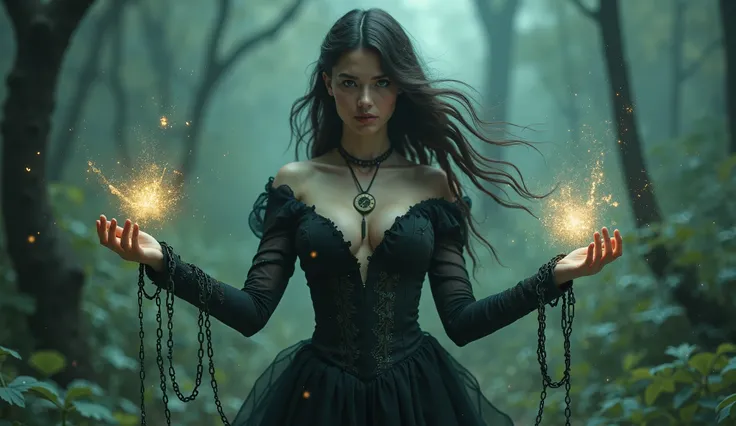 In a haunting landscape, a girl, age 20, epic cleavage, holds time with chains in a world where nature whispers secrets