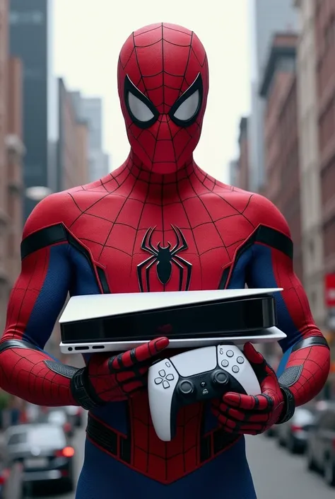 Spider-Man holding a PS5 in his hand and an iPhone 