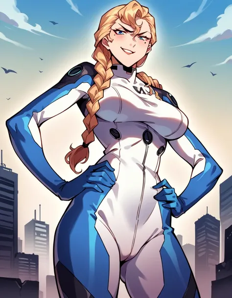 score_9, score_8_up, score_7_up, source_anime,
Helga legal age, aged up, bl9nde hair, hair in braid over shoulder, blue eyes, pale skin
bodysuit, headgear, plugsuit, white bodysuit, blue accents
outdoors, cityscape,
cowboy shot, looking at viewer, solo, du...