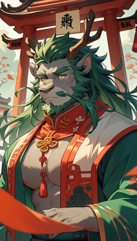 Eastern Dragon, Chinese traditionally robe (Black), Chinese temple, bright green hair, bright green short beard, gray body, gold eyes