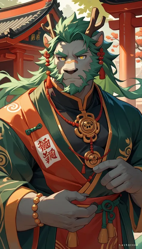 Eastern Dragon, Chinese traditionally robe (Black), Chinese temple, bright green hair, bright green short beard, gray body, gold eyes