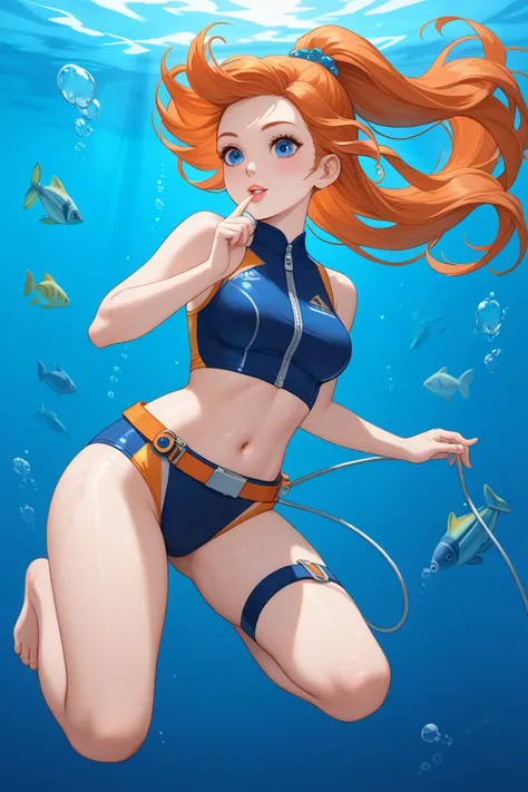 Here’s the "Underwater Explorer" outfit for Orihime with the rule of showing her navel and toes:

Top: Orihime wears a fitted, sleeveless, navy blue wetsuit top with subtle, water-themed patterns. The top is designed to be form-fitting, leaving her toned m...