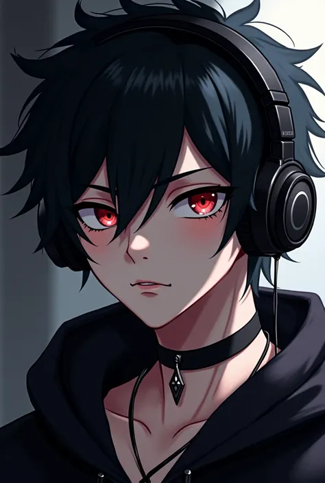 Anime style, goth, boy, , over the ear headphones, black head phones, face shot, black hair, tousled hair, upscale, detailed, tattoo on eyebrow, choker, 