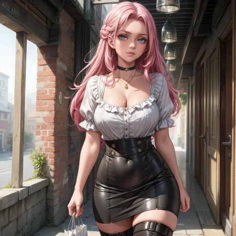 Masterpiece, beautiful art, 8k, art style by sciamano240, very detailed face, detailed hair, detailed clothes, detailed fabric, 1girl, beautiful face, long hair, hot pink hair , model head shot, facing camera, very detailed green eyes, sultry smile, wearin...