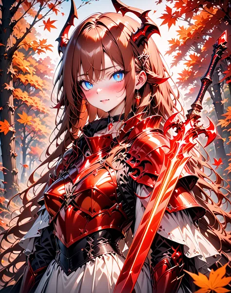 ((full body)), holding a red crystal blade sword, (shining red crystal blade:1.2), (masterpiece:1.2), (best quality:1.2), (very aesthetic:1.2), (absurdres:1.2), (detailed background), newest, AI-generated, ((best quality)), 1girl, portrait, wearing, plate ...