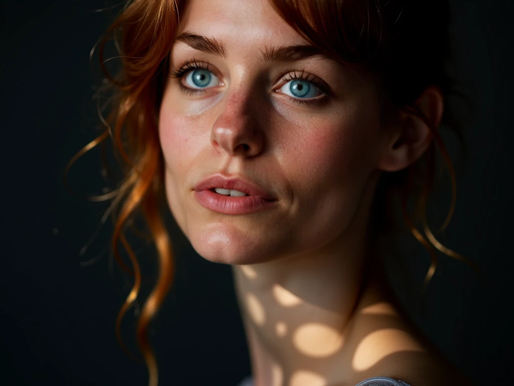 Une belle jeune femme rousse aux seins moyens et aux yeux bleus, capturée en gros plan dans un studio photo. Son visage est partiellement éclairé par un jeu d’ombres et de lumière, créé à travers une grille ou un gobo en forme de feuillage. Les ombres dess...