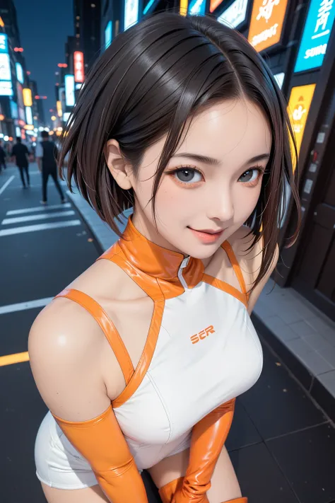   best image quality、 masterpiece、（Shooting Resolution  ：1.4）、    angle from directly above 、  face close-up、   cyberpunk night city  、   girl  、 black hair short wave hair、SILVER SHORTS  、whole body、smile、1 Character 、   BLACK EYES、   metallic orange leot...