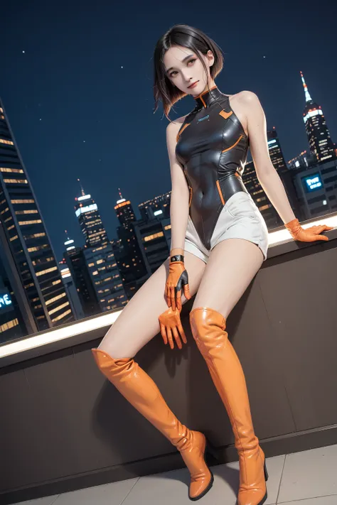   best image quality、 masterpiece、（Shooting Resolution  ：1.4）、    angle from directly above 、  face close-up、   cyberpunk night city  、   girl  、 black hair short wave hair、SILVER SHORTS  、whole body、smile、1 Character 、   BLACK EYES、   metallic orange leot...