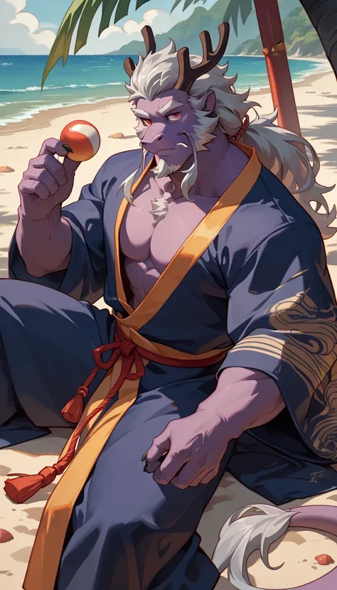 Eastern Dragon, Chinese traditional robe (purple), beach, silver hair, bright black short beard, purple body, red eyes