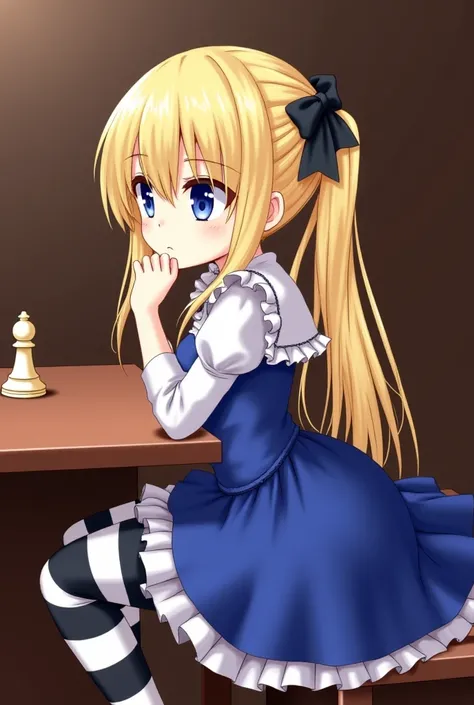 a photograph of a girl with an innocent and thoughtful look, long blond hair and bright blue eyes, wearing a blue dress with white frills. The girl's outfit includes black and white striped stockings, and her hair is decorated with a black ribbon. she sits...