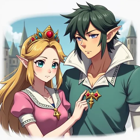 Anime Princess Zelda wearing a Massive popped collar polo with her being douche with her Husband King Link wearing a Massive popped collar polo with a collar so high it's taller than his head