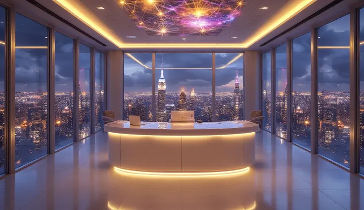 a whtie desk surrounded by hugh windows with breathtaking view over city skyline by night, luxury interior, soft warm top light, yellow blue purple gradient,