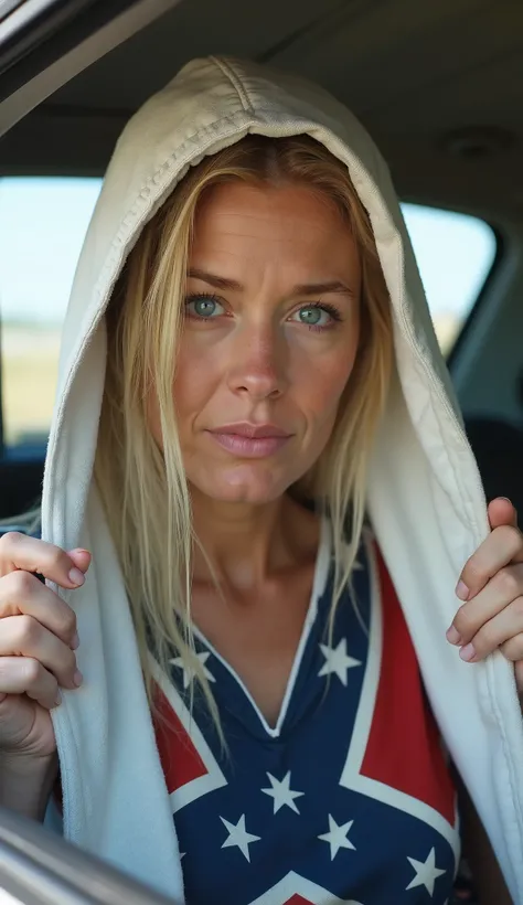 Photorealistic,High Resolution, 45 year old  woman, looking at viewer, southern, confederate flag shirt, white skin, blue eyes, blonde hair, giving a white hood to the viewer, sitting in car background, 