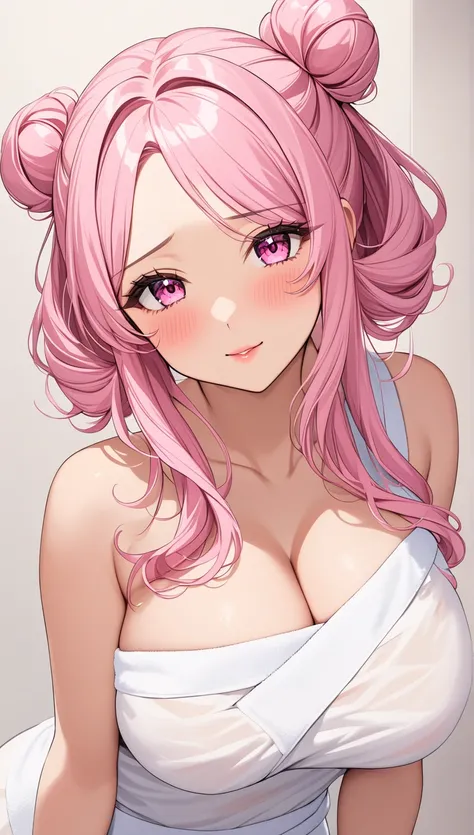  top quality　  Masterpiece  　 high definition 　  Masterpiece  　 pink long hair, curly hair,　　  pink Eyes 　, twin bun bun hair, big breast, seductive, flirty,  blushing, plain backround, no backround, white backround, gyaru, make up, cleavege, only wrap wit...